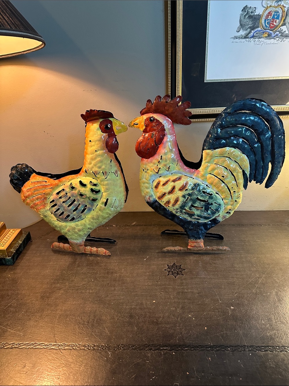 Vintage Colorful Metal Rooster and Hen Pair